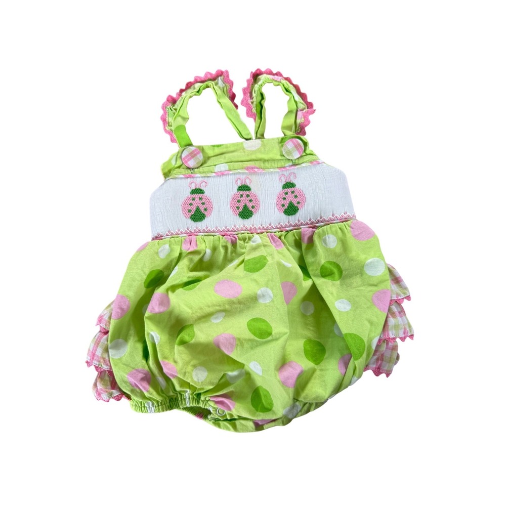 Smocked Auctions ladybug green and pink bubble romper infant one piece‎